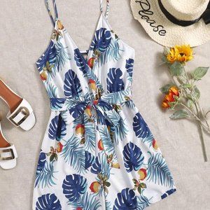 Plus Size Women's Romper Blue Tropical Print White Belted Romper size 16-18